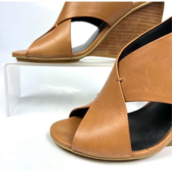 Rebecca Minkoff Tan Eden Sz 6 Leather Criss Cross Curved Wedge Sandals - Picture 2 of 8